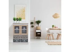 Armoire Vitrine Shabby 4 Tiroirs Et 2 Portes En Bois Blanc Beige Gris