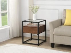 Table De Chevet 1 Tiroir - MDF, Verre Trempé Et Métal - Naturel Foncé Et Noir - CAMATA