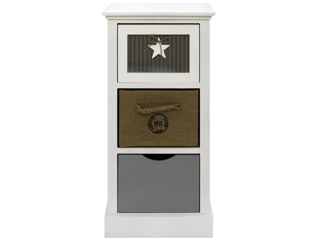 Commode Meuble Rangement Bois 3 Tiroirs Blanc Beige Gris 69x34x29 – Image 2