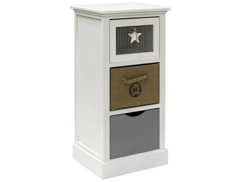 Commode Meuble Rangement Bois 3 Tiroirs Blanc Beige Gris 69x34x29 – Image 3