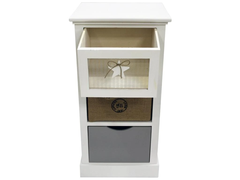 Commode Meuble Rangement Bois 3 Tiroirs Blanc Beige Gris 69x34x29 – Image 4