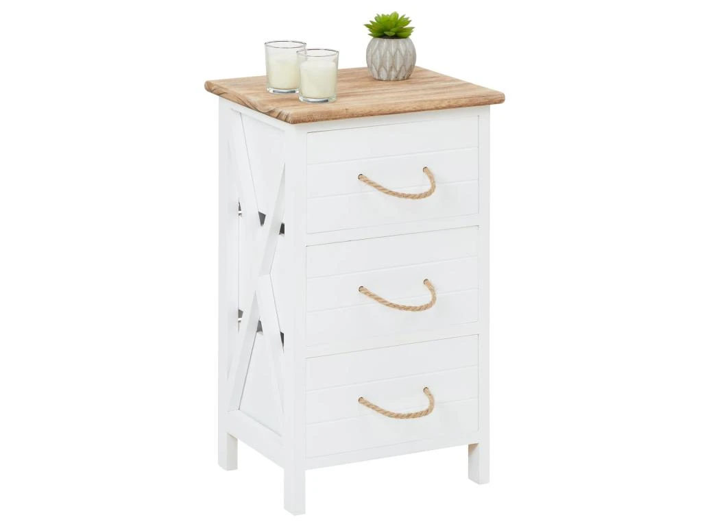 Table De Chevet PERUGIA Table De Nuit 3 Tiroirs En Bois De Paulownia Style Shabby Chic Vintage Rustique Campagnard Blanc