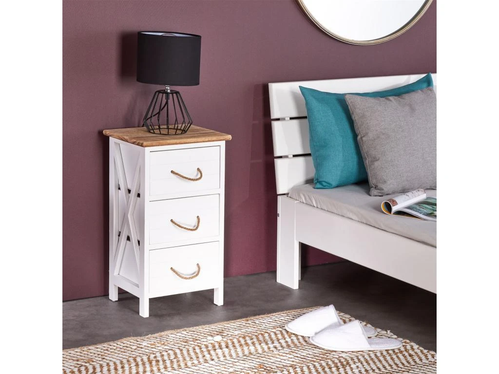 Table De Chevet PERUGIA Table De Nuit 3 Tiroirs En Bois De Paulownia Style Shabby Chic Vintage Rustique Campagnard Blanc – Image 2
