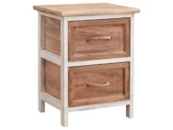 Table De Chevet BELLANO Petite Commode De Nuit Avec 2 Tiroirs, En Bois De Paulownia Blanc Et Brun Style Shabby Chic Vintage Rustique