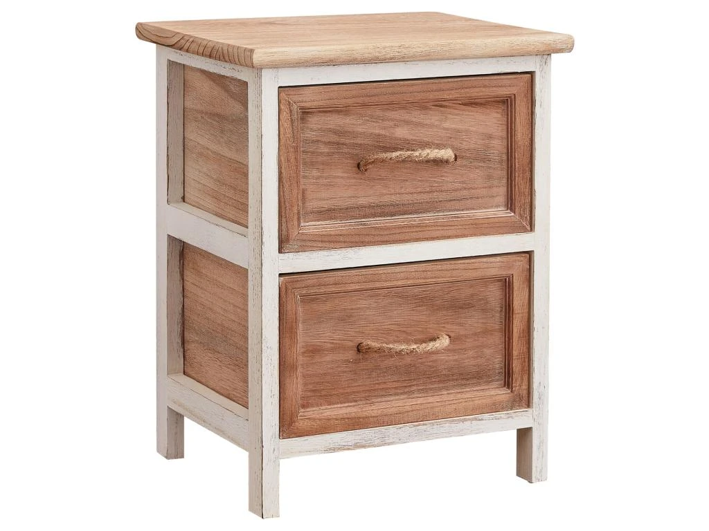Table De Chevet BELLANO Petite Commode De Nuit Avec 2 Tiroirs, En Bois De Paulownia Blanc Et Brun Style Shabby Chic Vintage Rustique
