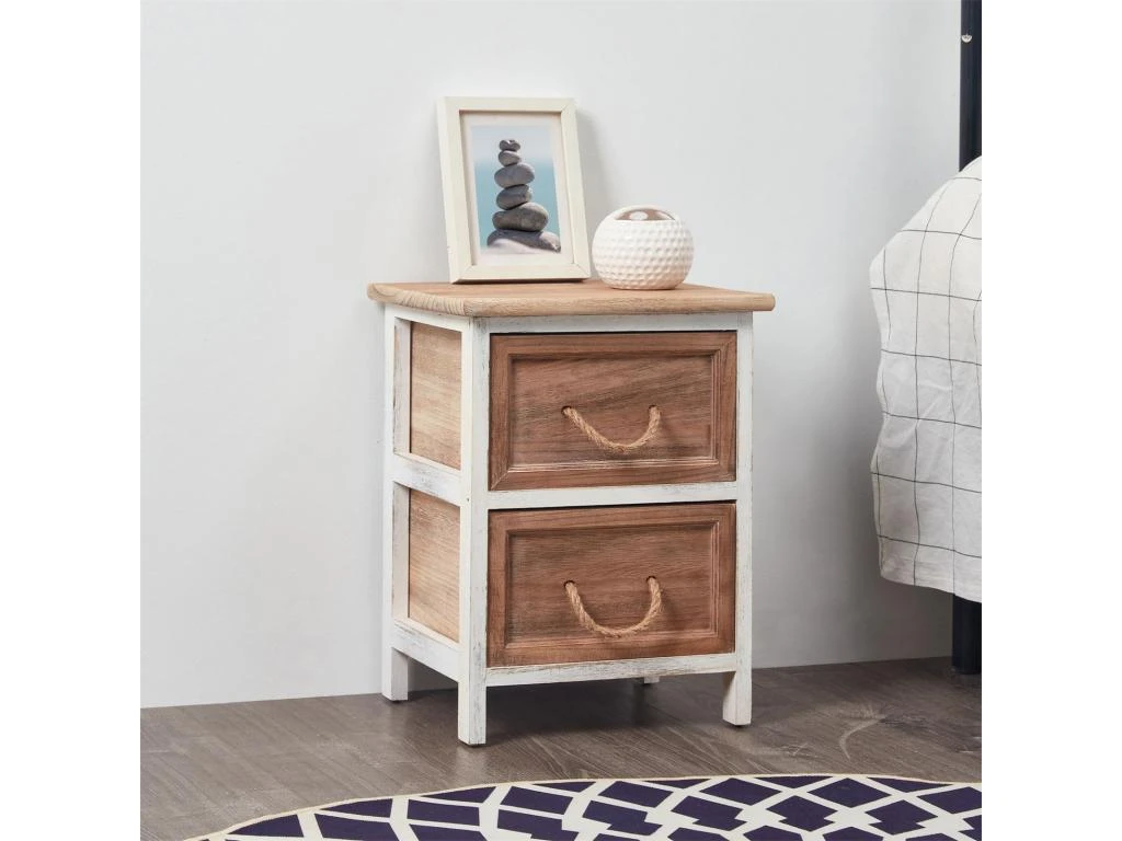 Table De Chevet BELLANO Petite Commode De Nuit Avec 2 Tiroirs, En Bois De Paulownia Blanc Et Brun Style Shabby Chic Vintage Rustique â Image 2