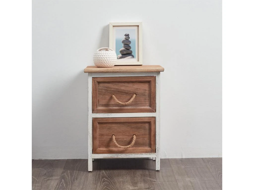 Table De Chevet BELLANO Petite Commode De Nuit Avec 2 Tiroirs, En Bois De Paulownia Blanc Et Brun Style Shabby Chic Vintage Rustique â Image 4