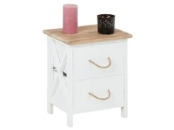 Table De Chevet PERUGIA Table De Nuit 2 Tiroirs En Bois De Paulownia Style Shabby Chic Vintage Rustique Campagnard Blanc