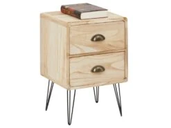 Table De Chevet MALIA Table De Nuit Avec 2 Tiroirs, En Bois De Paulownia Style Vintage Industriel Finition Bois Brulé Pieds En Métal