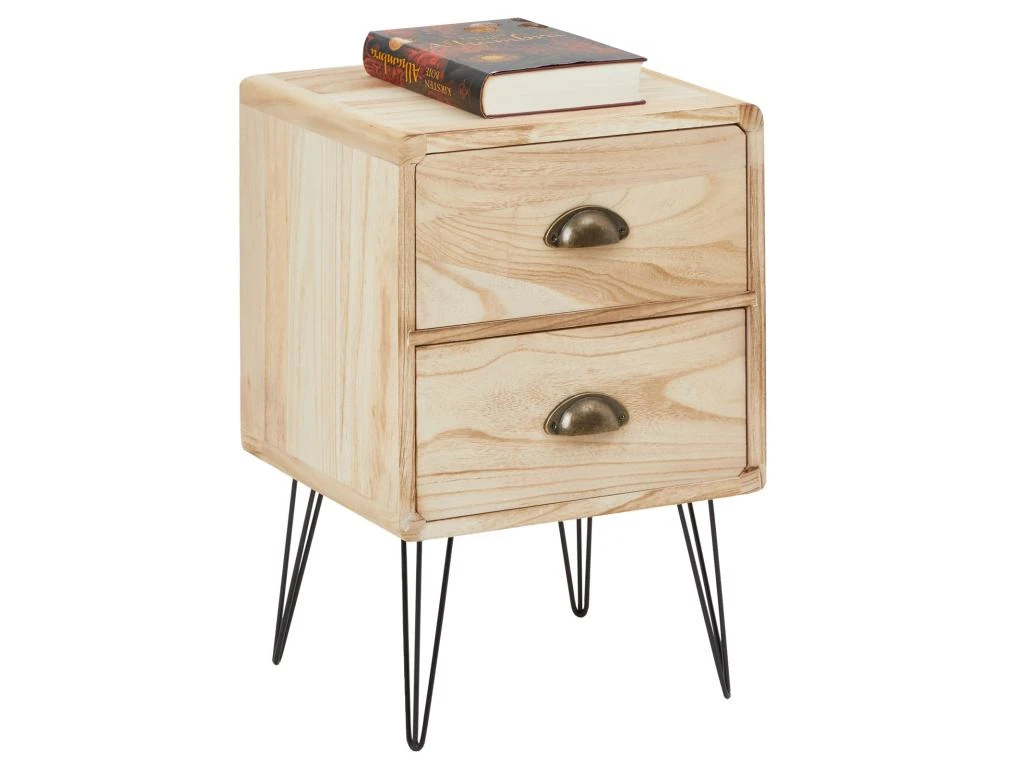 Table De Chevet MALIA Table De Nuit Avec 2 Tiroirs, En Bois De Paulownia Style Vintage Industriel Finition Bois Brulé Pieds En Métal
