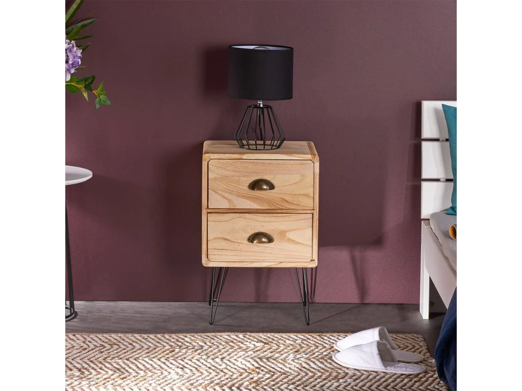 Table De Chevet MALIA Table De Nuit Avec 2 Tiroirs, En Bois De Paulownia Style Vintage Industriel Finition Bois Brulé Pieds En Métal – Image 2
