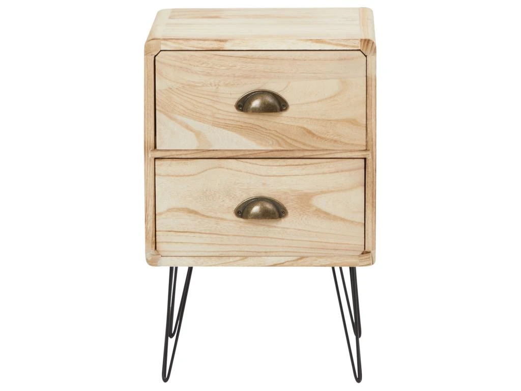 Table De Chevet MALIA Table De Nuit Avec 2 Tiroirs, En Bois De Paulownia Style Vintage Industriel Finition Bois Brulé Pieds En Métal – Image 3