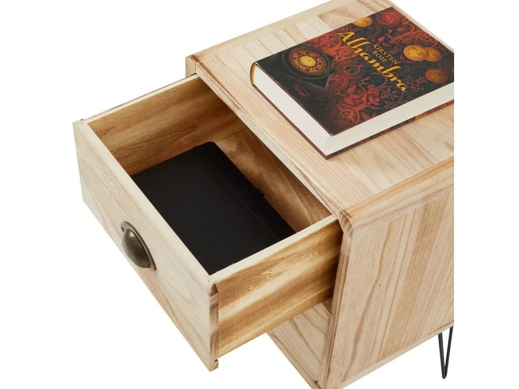 Table De Chevet MALIA Table De Nuit Avec 2 Tiroirs, En Bois De Paulownia Style Vintage Industriel Finition Bois Brulé Pieds En Métal – Image 4