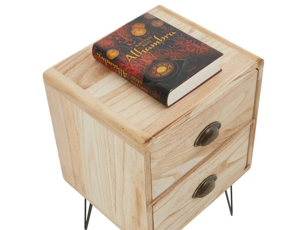 Table De Chevet MALIA Table De Nuit Avec 2 Tiroirs, En Bois De Paulownia Style Vintage Industriel Finition Bois Brulé Pieds En Métal – Image 5