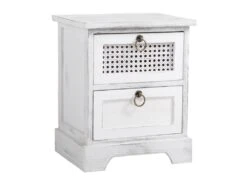 Table De Chevet IRMA Petite Commode De Nuit Avec 2 Tiroirs, En Bois Paulownia Blanc Style Shabby Chic Vintage BohĂȘme DĂ©co En Rotin