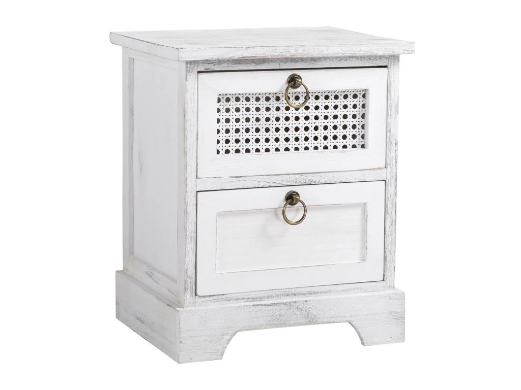 Table De Chevet IRMA Petite Commode De Nuit Avec 2 Tiroirs, En Bois Paulownia Blanc Style Shabby Chic Vintage Bohême Déco En Rotin