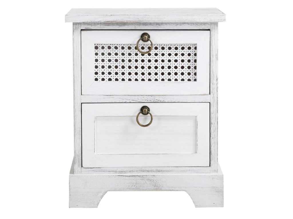 Table De Chevet IRMA Petite Commode De Nuit Avec 2 Tiroirs, En Bois Paulownia Blanc Style Shabby Chic Vintage Bohême Déco En Rotin – Image 3