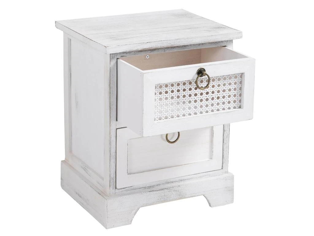 Table De Chevet IRMA Petite Commode De Nuit Avec 2 Tiroirs, En Bois Paulownia Blanc Style Shabby Chic Vintage Bohême Déco En Rotin – Image 4