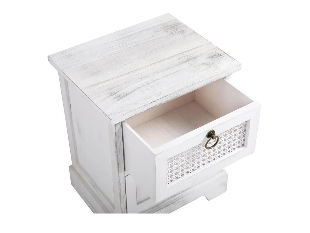 Table De Chevet IRMA Petite Commode De Nuit Avec 2 Tiroirs, En Bois Paulownia Blanc Style Shabby Chic Vintage Bohême Déco En Rotin – Image 5