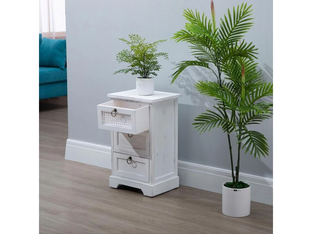 Table De Chevet IRMA Petite Commode De Nuit Avec 3 Tiroirs, En Bois Paulownia Blanc Style Shabby Chic Vintage Bohême Déco En Rotin – Image 2