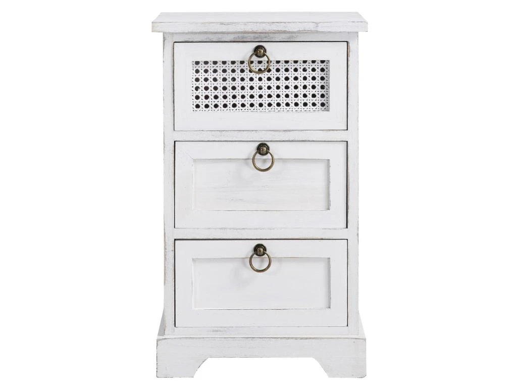 Table De Chevet IRMA Petite Commode De Nuit Avec 3 Tiroirs, En Bois Paulownia Blanc Style Shabby Chic Vintage Bohême Déco En Rotin – Image 3