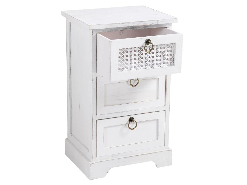 Table De Chevet IRMA Petite Commode De Nuit Avec 3 Tiroirs, En Bois Paulownia Blanc Style Shabby Chic Vintage Bohême Déco En Rotin – Image 4