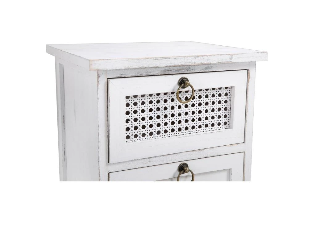 Table De Chevet IRMA Petite Commode De Nuit Avec 3 Tiroirs, En Bois Paulownia Blanc Style Shabby Chic Vintage Bohême Déco En Rotin – Image 5