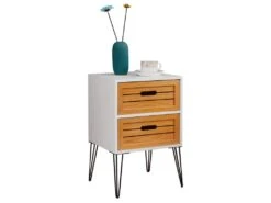 Table De Chevet ESTORIL Meuble De Nuit Avec 2 Tiroirs De Coloris Blanc Et Bois Naturel Avec Pieds épingle En Métal Noir