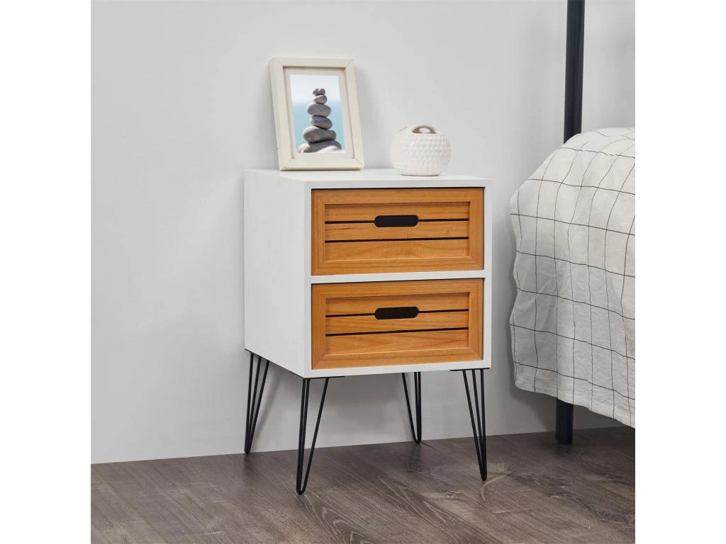 Table De Chevet ESTORIL Meuble De Nuit Avec 2 Tiroirs De Coloris Blanc Et Bois Naturel Avec Pieds épingle En Métal Noir – Image 2