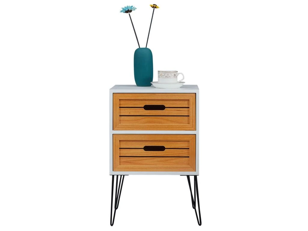 Table De Chevet ESTORIL Meuble De Nuit Avec 2 Tiroirs De Coloris Blanc Et Bois Naturel Avec Pieds épingle En Métal Noir – Image 3