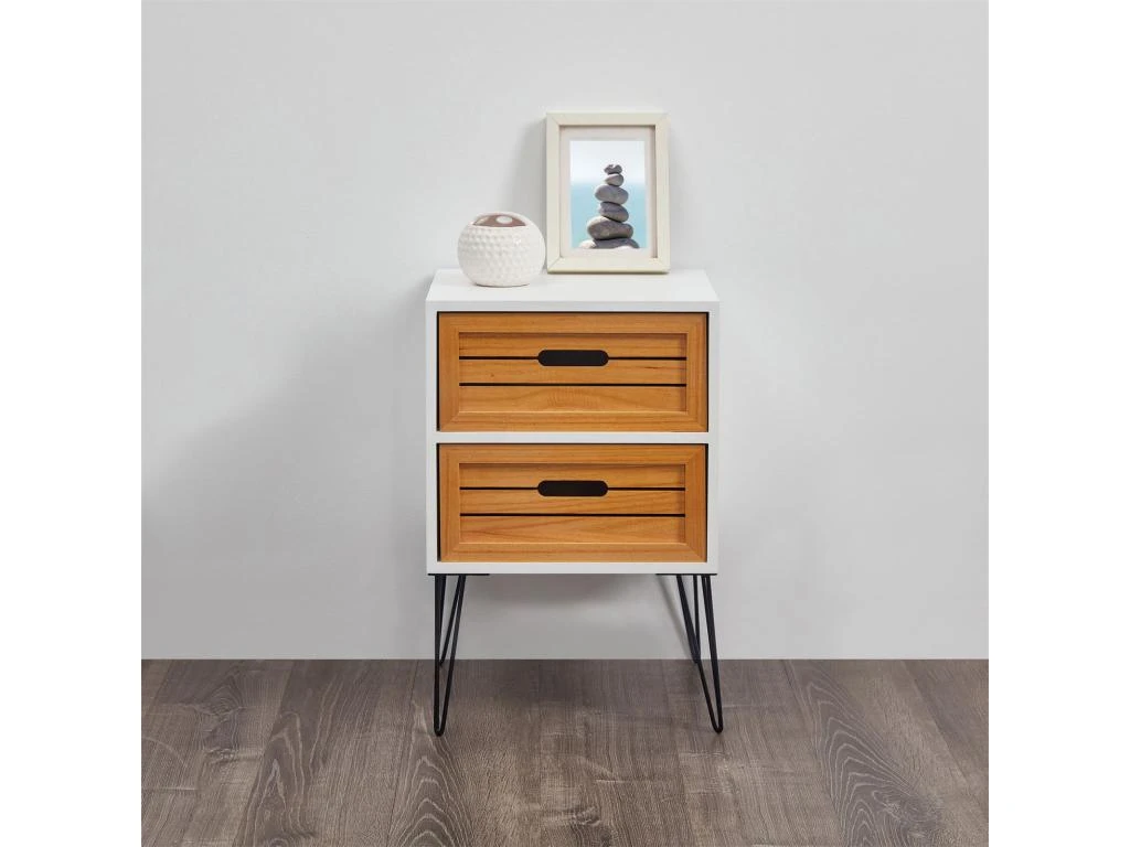 Table De Chevet ESTORIL Meuble De Nuit Avec 2 Tiroirs De Coloris Blanc Et Bois Naturel Avec Pieds épingle En Métal Noir – Image 4