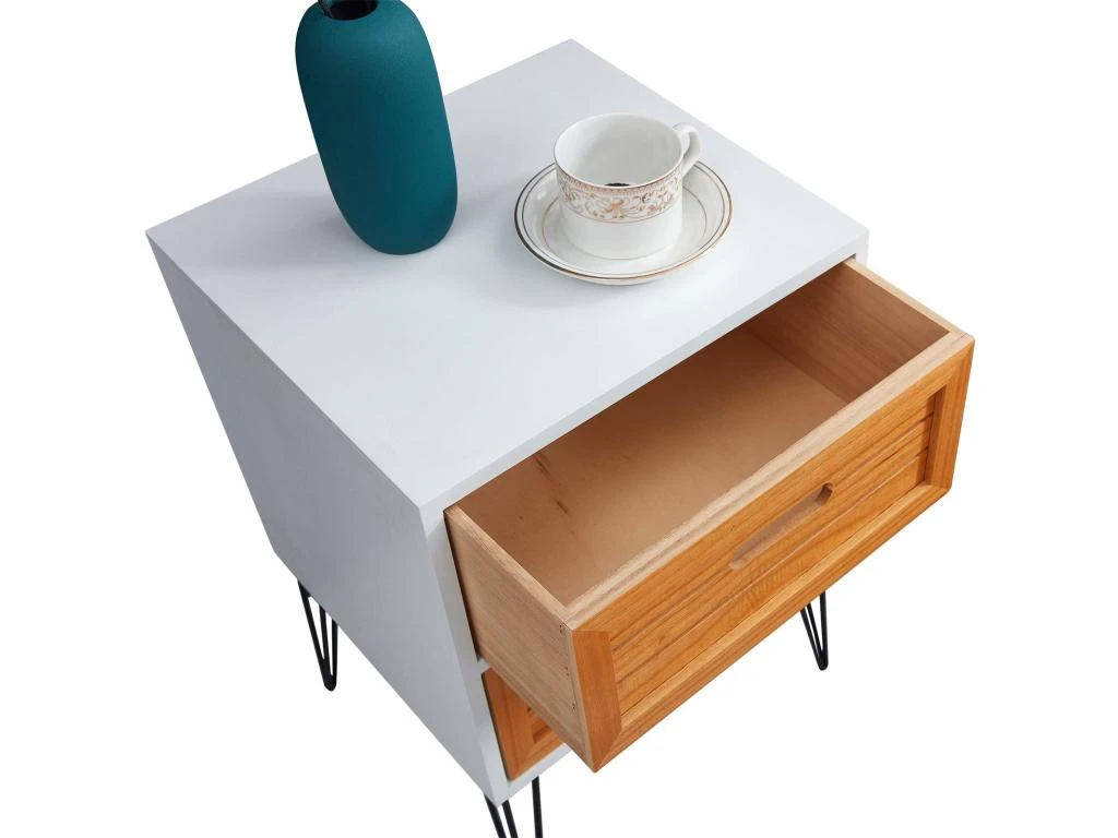 Table De Chevet ESTORIL Meuble De Nuit Avec 2 Tiroirs De Coloris Blanc Et Bois Naturel Avec Pieds épingle En Métal Noir – Image 5