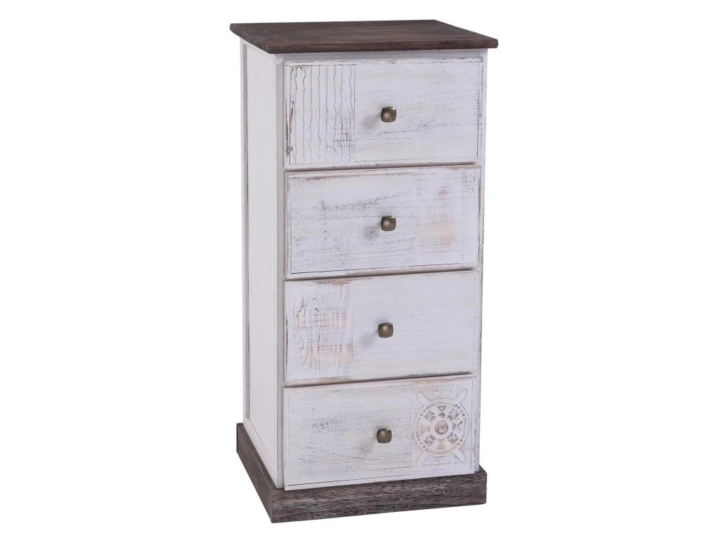 Table De Chevet JUNA Chiffonnier Avec 4 Tiroirs, En Bois De Paulownia Blanc Style Vintage Ethnique BohĂŞme Avec Gravures