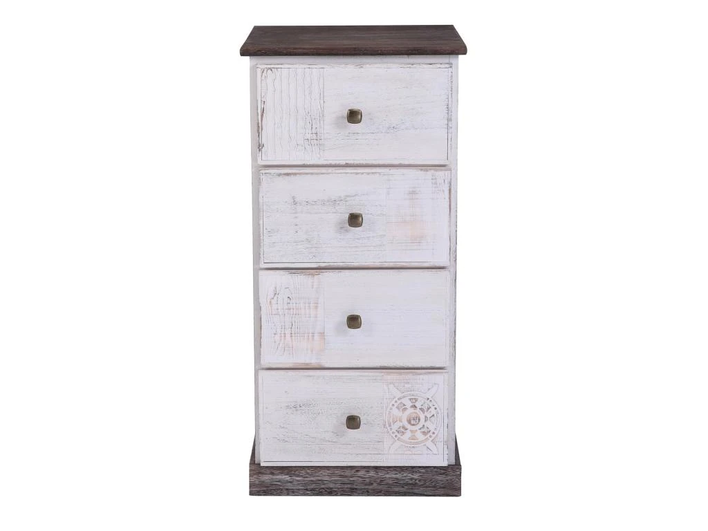 Table De Chevet JUNA Chiffonnier Avec 4 Tiroirs, En Bois De Paulownia Blanc Style Vintage Ethnique Bohême Avec Gravures – Image 2