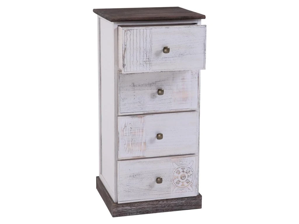 Table De Chevet JUNA Chiffonnier Avec 4 Tiroirs, En Bois De Paulownia Blanc Style Vintage Ethnique Bohême Avec Gravures – Image 3