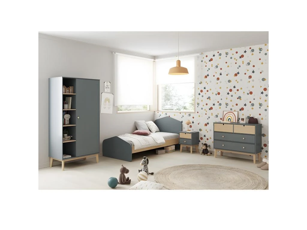 KAINA - Chevet 2 Tiroirs En MDF Et Pin Coloris Gris Vert Et Naturel – Image 2