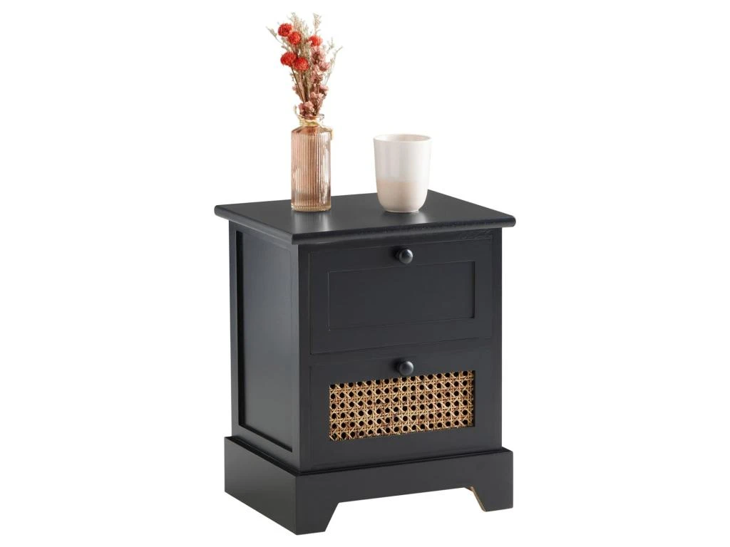 Table De Chevet RANI Petite Commode De Nuit Avec 2 Tiroirs, Style Vintage Bohême, En Bois De Paulownia Lasuré Noir Et Rotin