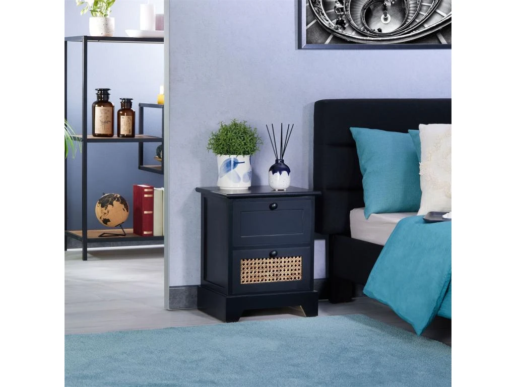 Table De Chevet RANI Petite Commode De Nuit Avec 2 Tiroirs, Style Vintage Bohême, En Bois De Paulownia Lasuré Noir Et Rotin – Image 2
