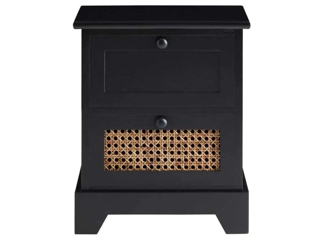 Table De Chevet RANI Petite Commode De Nuit Avec 2 Tiroirs, Style Vintage Bohême, En Bois De Paulownia Lasuré Noir Et Rotin – Image 3