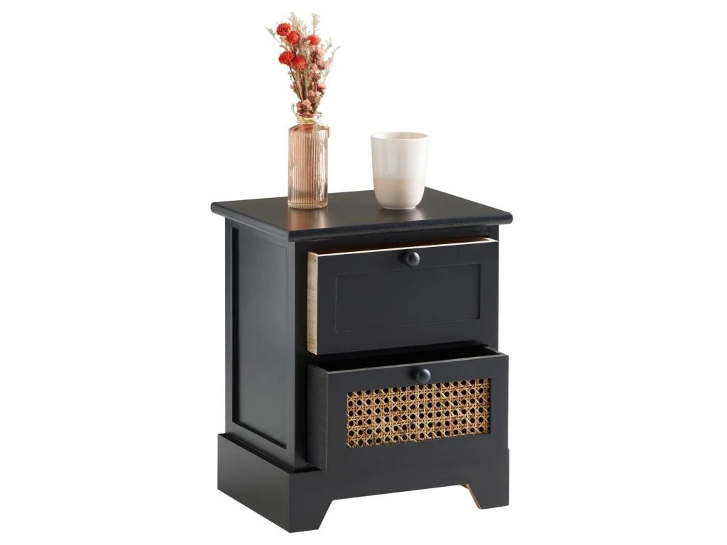 Table De Chevet RANI Petite Commode De Nuit Avec 2 Tiroirs, Style Vintage Bohême, En Bois De Paulownia Lasuré Noir Et Rotin – Image 4