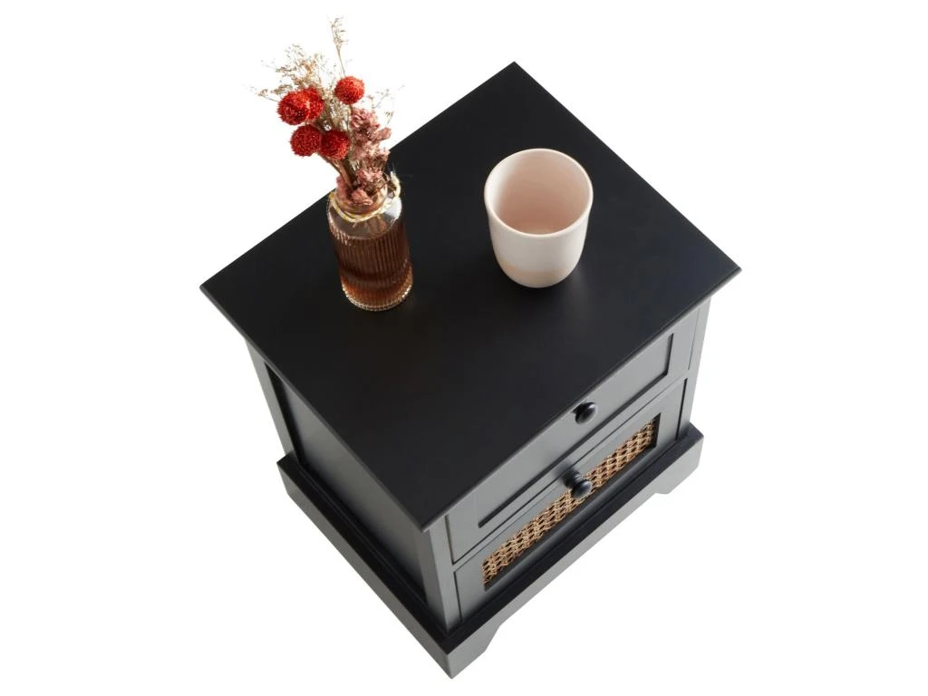 Table De Chevet RANI Petite Commode De Nuit Avec 2 Tiroirs, Style Vintage Bohême, En Bois De Paulownia Lasuré Noir Et Rotin – Image 5