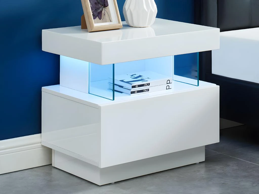 Table De Chevet 1 Tiroir Et 1 Niche - Avec LEDs - MDF - Blanc Laqué - FABIO II – Image 2