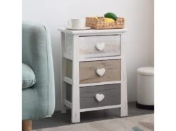Table De Chevet 3 Tiroirs Bois Blanc Gris Beige Coeur 56x37x27