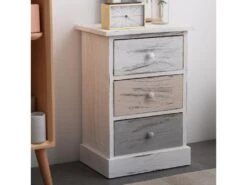 Table De Chevet 3 Tiroirs Bois Blanc Gris Beige Shabby 54x37x27