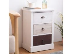 Table De Chevet 3 Tiroirs Bois Blanc Marron Beige 53,5x37x27
