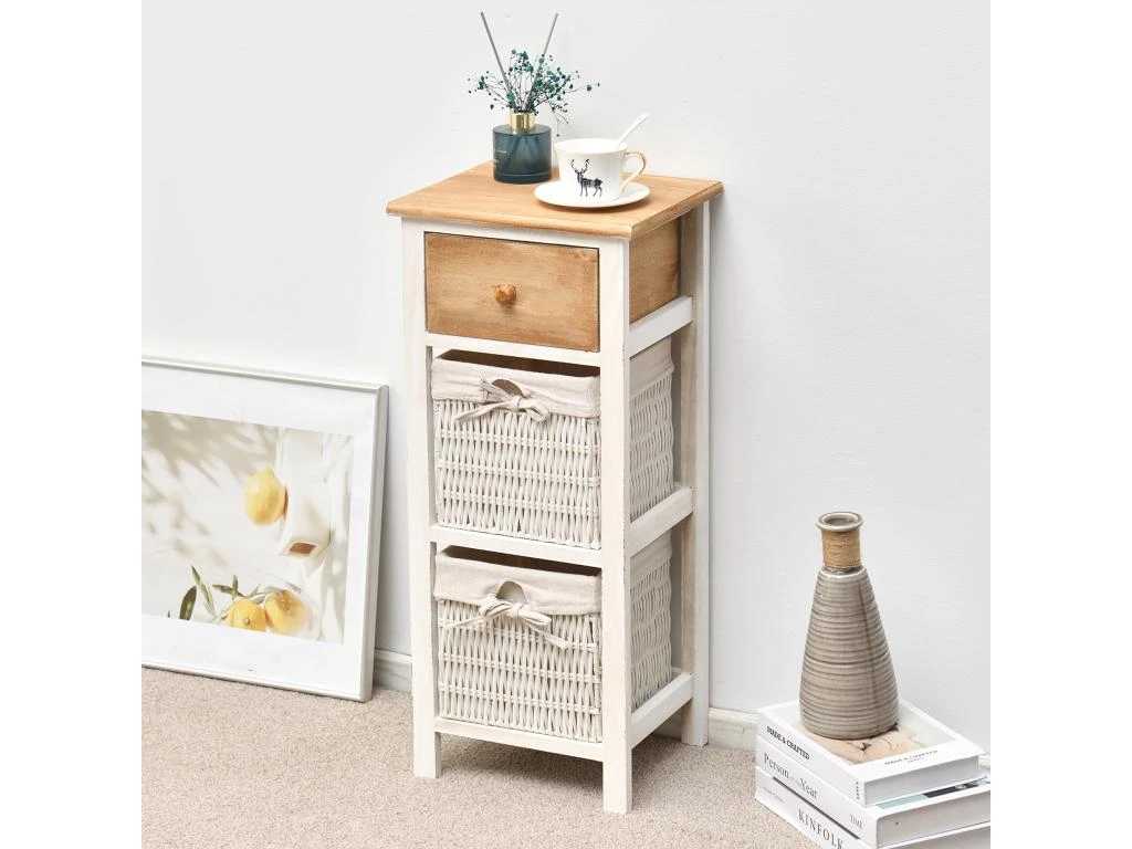 Table De Nuit 2 Paniers 1 Tiroir Bois Osier Blanc 71x31x27