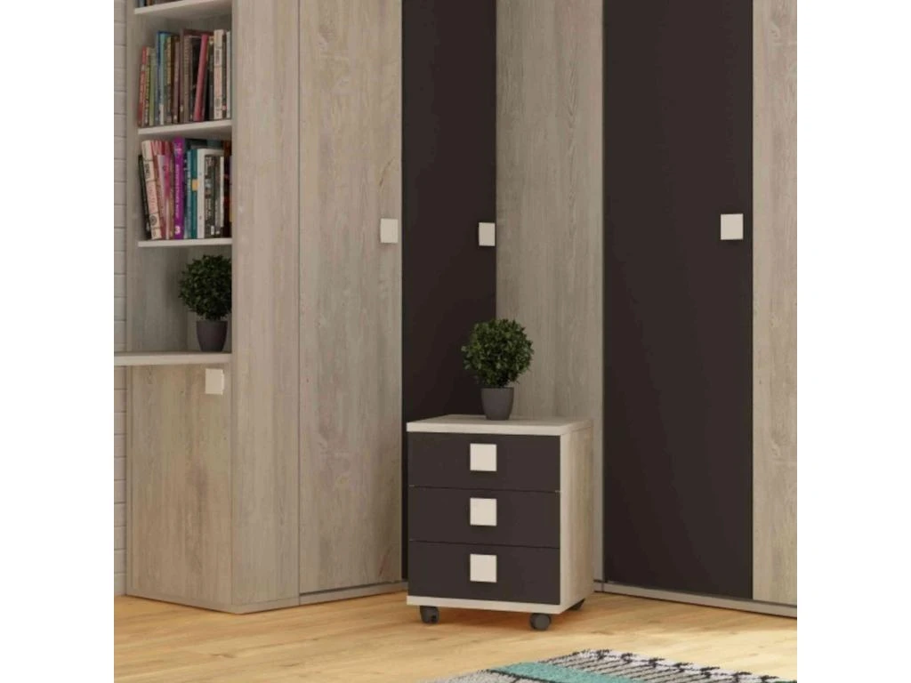 Chevet 3 Tiroirs à Roulettes En Bois Imitation Chêne Et Blanc - CH9069 – Image 9