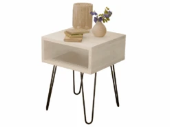 Table De Chevet En Bois D'épicéa Massif Et Fer Forgé En Couleur Blanc