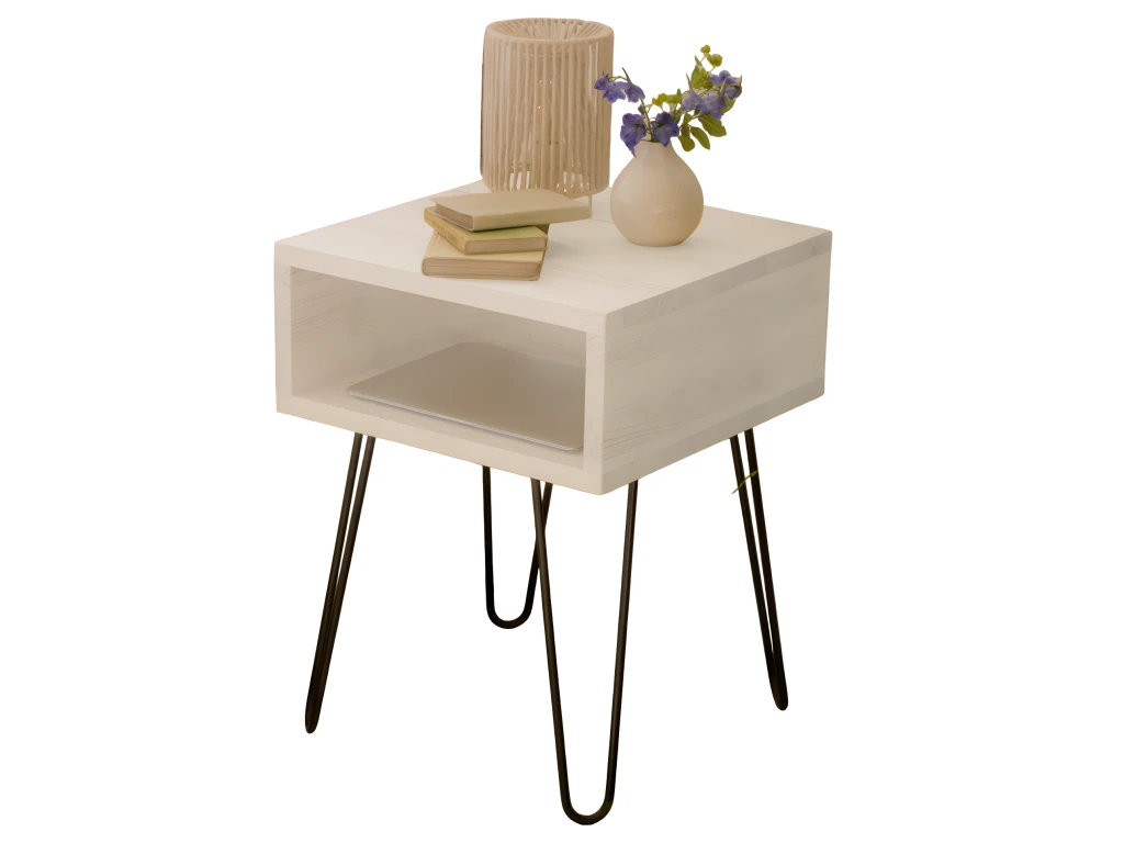 Table De Chevet En Bois D'épicéa Massif Et Fer Forgé En Couleur Blanc