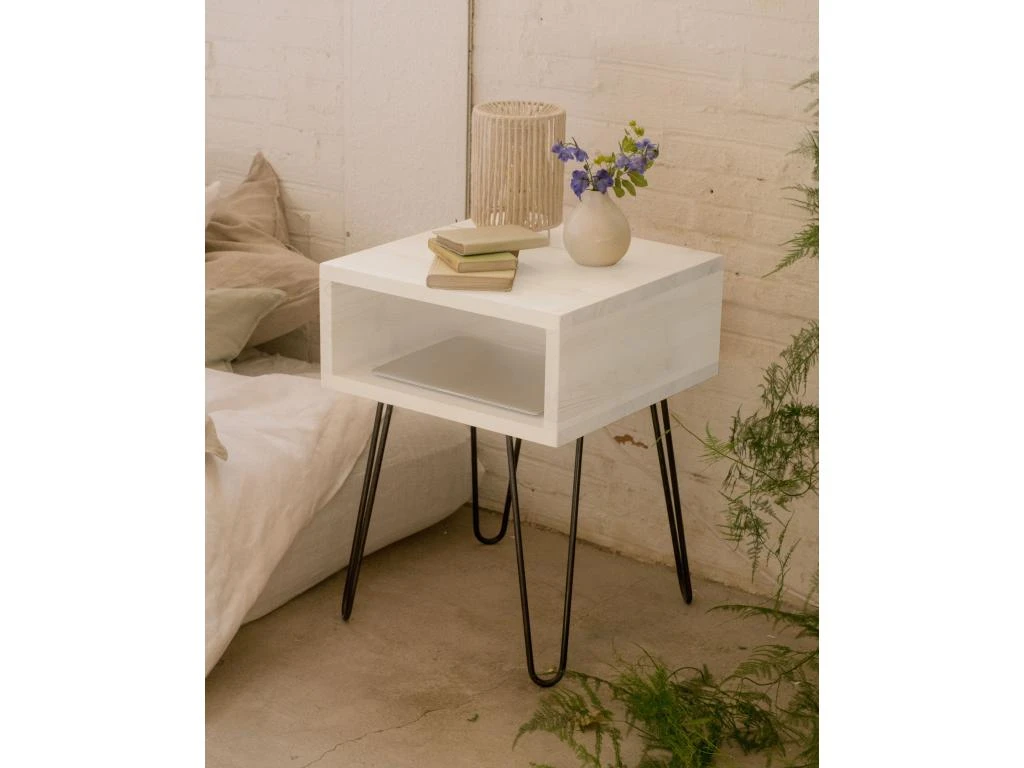 Table De Chevet En Bois D'épicéa Massif Et Fer Forgé En Couleur Blanc – Image 2